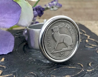 Lucky Rabbit Ireland 3 Pence Coin Ring Hare