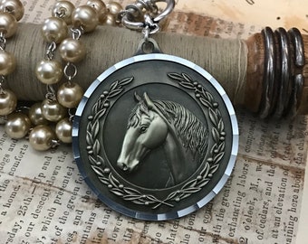 Upcycled Horse Medal Pearl Necklace Kentucky Derby