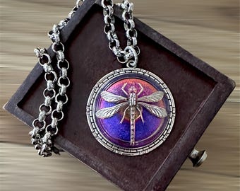 Extra Large Czech Glass Dragonfly Button Necklace Purple