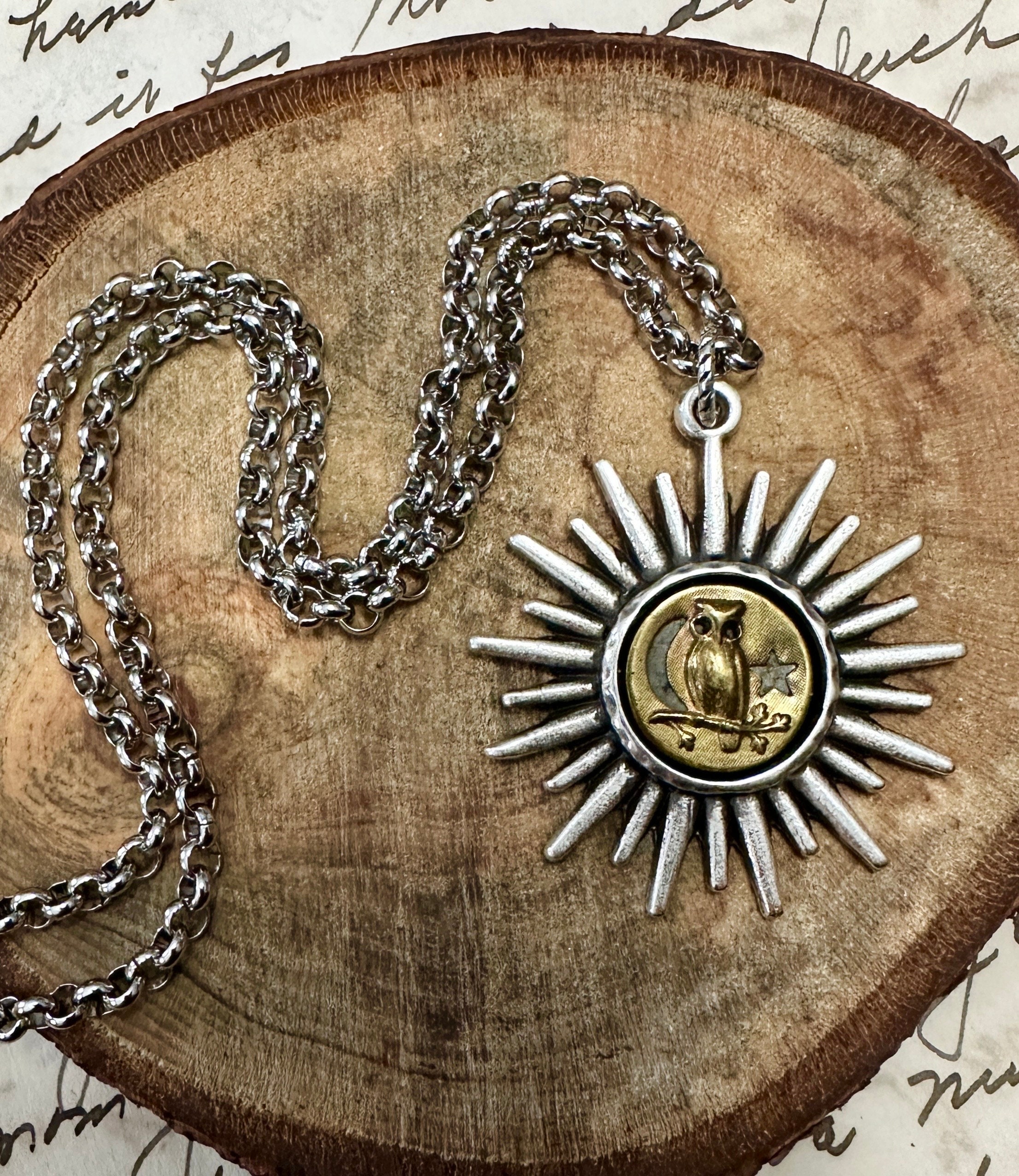 Celestial Owl Victorian Button Starburst Setting Necklace