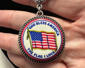 God Bless American The Flag I Love Pinback Necklace Circa 1970s Vintage