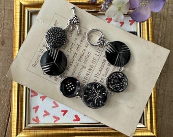 Black Czech Glass Button Bracelet Toggle Clasp