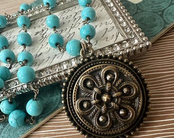 Victorian Button with Turquoise Style Rosary Chain Necklace