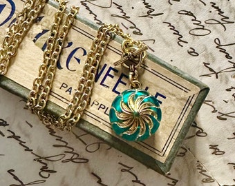 Czech Teal Glass Golden Swirl Button Necklace