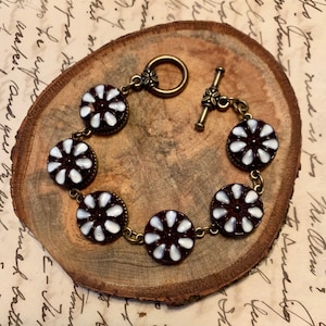 1950’s German Glass Button Bracelet Toggle Clasp Brown and White