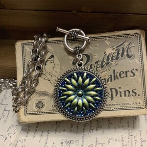 Iridescent Teal Czech Glass Button Toggle Necklace