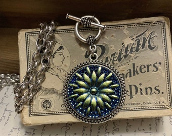 Iridescent Teal Czech Glass Button Toggle Necklace