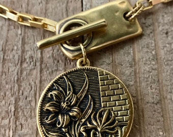 Golden Victorian Flower on Wall Button Necklace with Unique Toggle Clasp