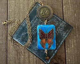 Antique Button and Butterfly Cloisonne Assemblage Necklace