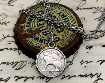 Adorable Vintage Ireland 3 Pence Hare Coin Necklace Lucky Rabbit