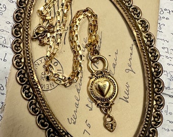 Golden Modern Heart Button Necklace with Miniature Lock Charm
