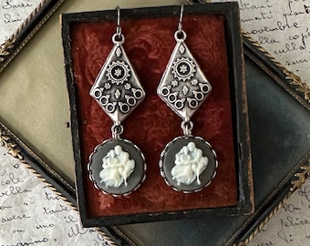 Vintage 1950's Cameo Necklace with Art Deco Drop Accent Earrings
