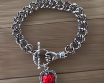 Chunky Czech Glass Ladybug Button Toggle Hand Bracelet