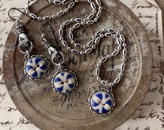 1920s China Stencil Blue Button Earring and Necklace Set