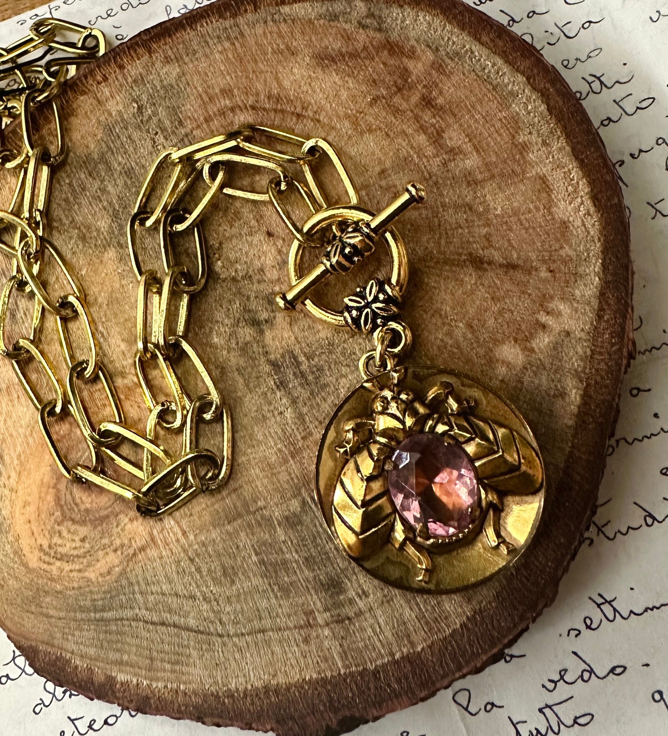 23mm Gold Vintage Stamped Chanel Designer Button Tag Pink & Pearl Heart  Charm 💖