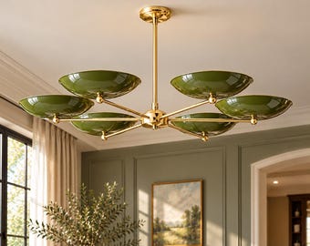 6-Light Brass Sputnik Chandelier, Olive Green Shades, Mid-Century Modern Lighting