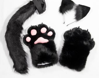 Fluffy Black Cat Ears Paws Tail Costume Set, Faux Fur Cosplay Accessory, Kitty Handpaws, Kids Halloween Gift