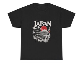 Camiseta japonesa con pagoda y sol / Monte Fuji, sol rojo, paisaje japonés