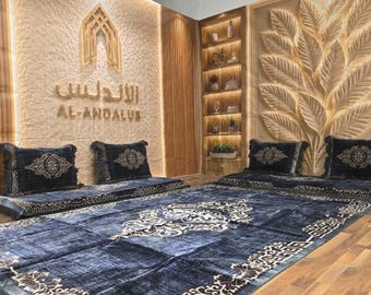 Arabic Majlis Floor Seating Set | Traditional Floor Sofa with Rug & Cushions | Oriental Living Room Furniture | Moroccan Majlis Decor
