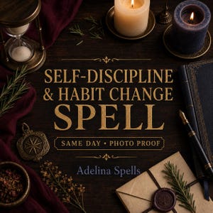 Könnte beinhalten: Eine dunkle Holzoberfläche zeigt den goldenen Text SELF-DISCIPLINE & HABIT CHANGE SPELL, SAME DAY • PHOTO PROOF und Adelina Spells. Um den Text herum befinden sich eine Messing-Sanduhr, zwei brennende Kerzen, ein Kompass, ein Füllfederhalter, ein Buch und ein versiegelter Umschlag.