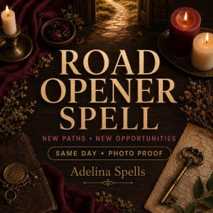 May include: A dark wooden surface featuring the text ROAD OPENER SPELL, NEW PATHS NEW OPPORTUNITIES, SAME DAY PHOTO PROOF, and Adelina Spells. The scene includes three lit candles, a small bowl of dried flowers, an old book, and a metal key.