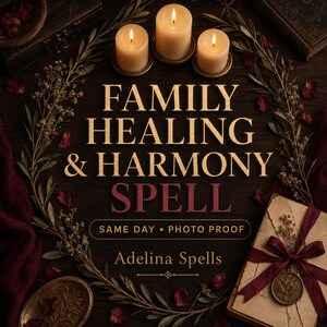 Può includere: Una superficie in legno scuro con tre candele accese, rami di ulivo essiccati e petali di rosa rossi sparsi. Il testo recita: FAMILY HEALING & HARMONY SPELL, SAME DAY • PHOTO PROOF e Adelina Spells. È visibile una scatola regalo.