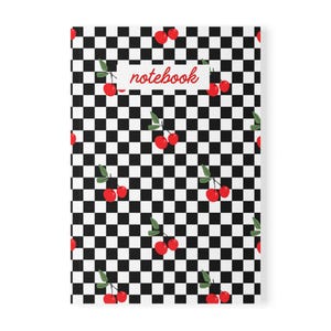 May include: A rectangular notebook featuring a black and white checkered pattern across the cover. The design includes scattered illustrations of red cherries with green stems and leaves. A white rectangular label displays the word notebook in red.