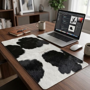 May include: A rectangular desk mat featuring a black and white cow print pattern with a textured appearance. The mat is positioned on a wooden desk surface, partially underneath a silver laptop, a white computer mouse, and a ceramic mug.