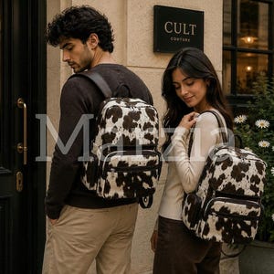 Cowhide Leather Backpack, Genuine Leather Laptop Bag, Cow Print Travel Weekender, Men's Women's Backpack, Anniversary Gift