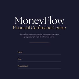 Op de afbeelding: Een donkerblauwe digitale documentomslag met de titel MoneyFlow Financial Command Centre. Het bevat de tekst Personal Finance System, een beschrijving van het systeem en lege regels voor Name, Year en Financial Goal in witte en gouden tekst.