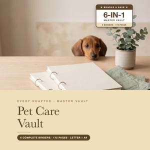 Könnte beinhalten: Ein Pet Care Vault Set mit zwei cremefarbenen Ringbüchern mit Metallringen. Der Text lautet 6-IN-1 MASTER VAULT, 6 BINDERS 172 PAGES, EVERY CHAPTER MASTER VAULT, Pet Care Vault und 6 COMPLETE BINDERS 172 PAGES LETTER + A4.