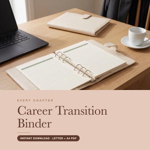May include: A cream-colored ring binder with lined paper inserts featuring green header accents. The open binder lies on a wooden desk next to a closed matching binder, a black laptop, and a white ceramic coffee cup on a matching saucer.