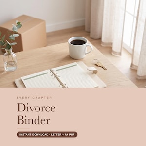 May include: A digital product listing graphic with a light pink background featuring the text EVERY CHAPTER Divorce Binder INSTANT DOWNLOAD LETTER + A4 PDF. Above, an open ring binder, a white coffee mug, a key, and a glass vase with greenery.