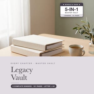 May include: Two cream-coloured binders stacked on a wooden surface, with a mug and plant nearby. A label reads 5-IN-1 MASTER VAULT 5 BINDERS 161 PAGES. Text below reads EVERY CHAPTER MASTER VAULT Legacy Vault 5 COMPLETE BINDERS 161 PAGES LETTER + A4.
