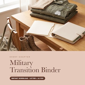 May include: A stack of folded olive green clothing, a beige t-shirt, a pair of tan tactical boots, a canvas bag, a white file folder, and a cream-colored binder with dog tags resting on top. The text reads: EVERY CHAPTER Military Transition Binder.