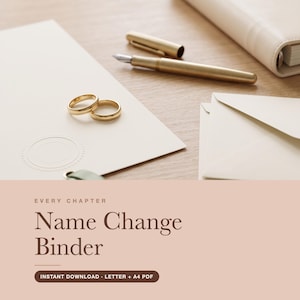 Può includere: Un elenco di prodotti digitali intitolato Every Chapter Name Change Binder con una grafica che mostra due anelli d'oro, una penna stilografica dorata e carta color crema. Il testo include Every Chapter Name Change Binder e Instant Download Letter + A4 PDF.