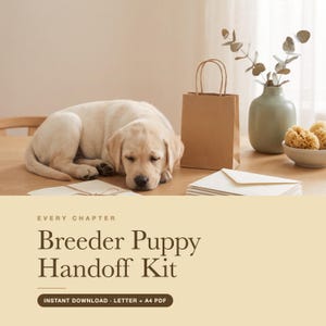May include: A digital document titled Every Chapter Breeder Puppy Handoff Kit with text indicating Instant Download, Letter + A4 PDF. The image features a sleeping light-colored puppy, a brown paper bag, a vase with branches, and a bowl of sponges.