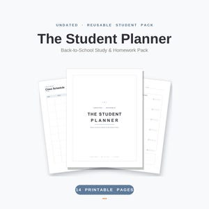 May include: A set of 14 printable pages titled The Student Planner, Back-to-School Study & Homework Pack. The undated, reusable planner includes a class schedule and task lists with checkboxes, all presented in a clean, black and white layout.