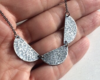 Sterling Silver Petal Necklace - Handmade with a hammered and oxidized finish-18 inch length