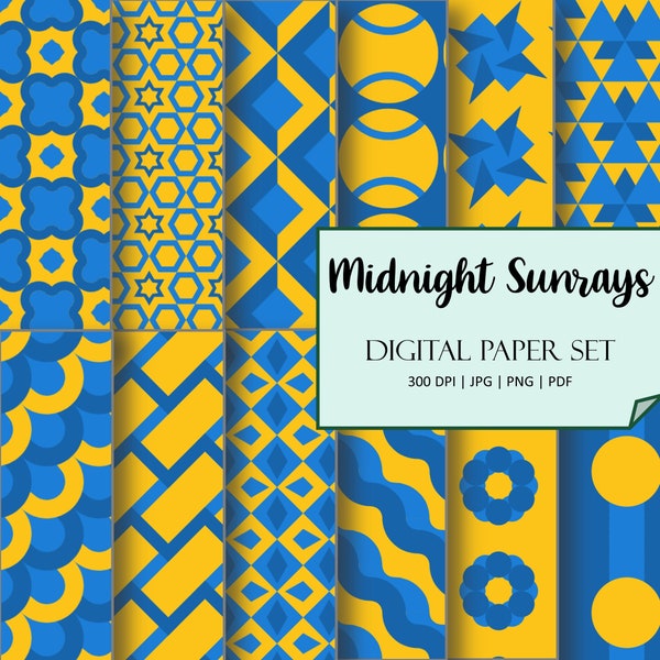 Printable Digital Papers! | Midnight Sunrays |  Light Blue, Dark Blue, and Yellow Shades | JPG, PNG, PDF | 12" x 12" | 12 Pattern Designs