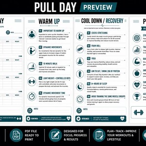 May include: A white and dark teal workout planner template titled PULL DAY PREVIEW. It features sections for exercise tracking, warm-up steps, cool-down recovery, and goal setting. The bottom includes icons for printable US letter 8.5 inch by 11 inch PDF.
