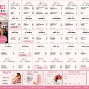 May include: A 30-day weight loss workout plan chart with a pink and white color scheme. The document includes a daily exercise schedule, a warm-up and cool-down section, nutrition tips, a progress tracker, and a notes section for tracking fitness.