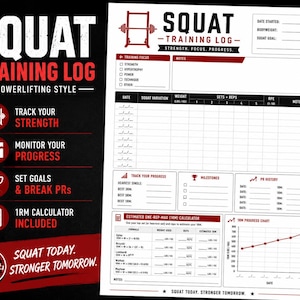 Könnte beinhalten: Ein weißes Squat-Trainingstagebuch mit schwarzem und rotem Text und Grafiken. Es enthält Abschnitte für Datum, Körpergewicht, Ziel, Trainingsfokus, Notizen, Sätze, Wiederholungen, RPE, Meilensteine, PR-Historie und einen 1RM-Rechner.