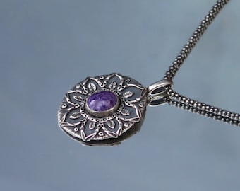 Charoite pendant, russian charoite, silver pendant, charoite necklace, charoite jewelry handmade, purple stone pendant, charoite cabochon