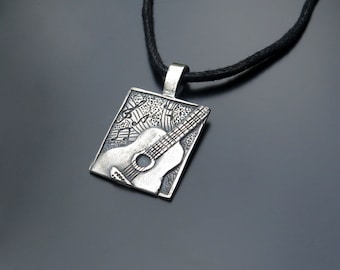 Handcrafted Silver Guitar Pendant with Musical Notes, Guitar silver pendant for musician