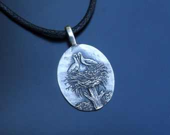 Handmade Stork's Nest Silver Pendant, Silver Stork Necklace, Handcrafted Silver Stork Charm