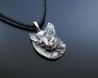 Sphynx cat pendant on waxed cord, Silver Sphynx Cat Necklace, Rare Cat Pendant