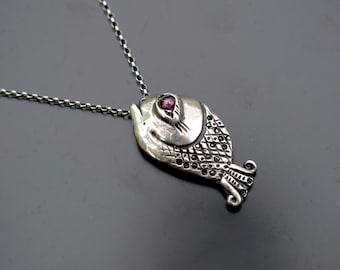 Fish silver pendant, sterling silver fish pendant, garnet stone, fish eye pendant, silver fish necklace, fish jewelry, art fish