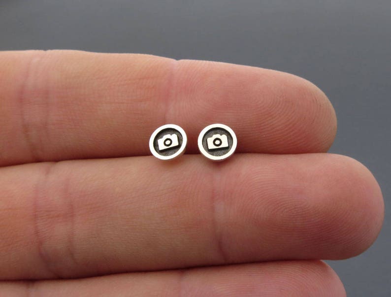 silver earrings studs, camera earring posts, studs, ear studs, Camera earrings, silver earrings, Round Circle Studs, Photographer gift image 2