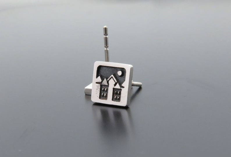 Sterling Silver Earrings Studs, silver posts, urban landscape, ear studs, silver ear ring, Square Earrings, square studs, urban earrings image 1